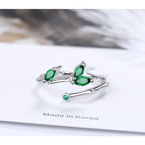 925 Sterling Silver Twig Green Leaf Adjustable Open Finger Rings For Women Girls Wedding Dorpshipping Anelli Fine Party Jewelry
