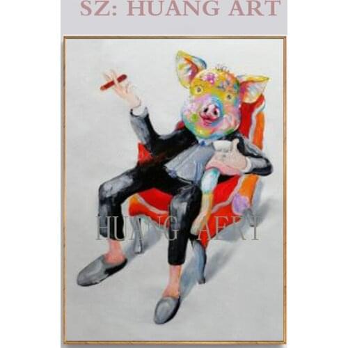 Free Shipping Artist Hand-painted High Quality Modern Pig Oil Painting on Canvas Funny Smoking Pig Boss Oil Painting