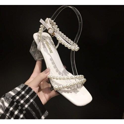 Fat Heels 4cm Lower Thick Heeled Sandals Fairy Style New Summer of 2021 Clear Heel Pearls Cute Girls Sweety Women Sandals