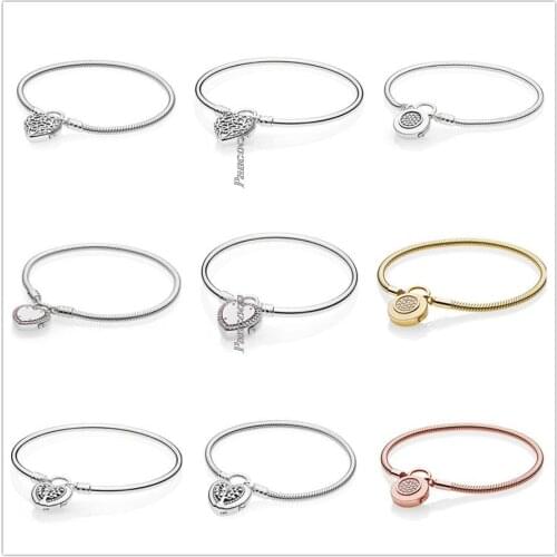 Authentic 925 Sterling Silver Rose Signature Padlock Smooth Snake Chain Bracelet Bangle Fit Women Bead Charm Fashion Jewelry