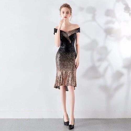 Black & Gold Gradient Sequin V Neck Off Shoulder Short Sleeve Mermaid Elegant Luxury Party Dress Clubwear Sexy Celebrity Dresses