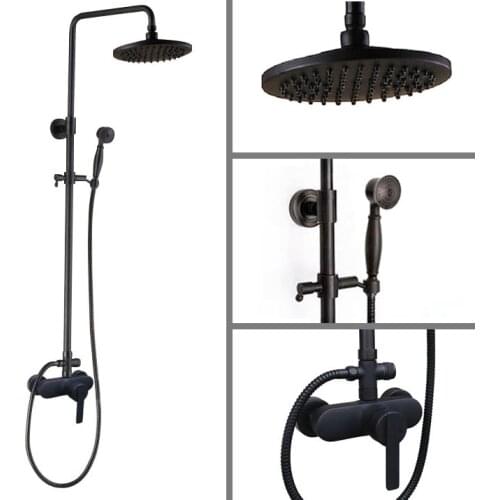 Black Oil Rubbed Brass Single Handle Bathroom 8 Inch Round Rain Shower Faucet Set Bath Mixer Tap Hand Shower Wall Mounted mhg154