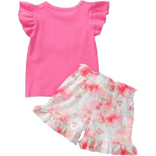 2Pcs Kids Children Baby Girls Sets Solid Short Sleeve O Neck Top Floral Print Lace up Shorts Infant Toddler Summer Outfits 2-7T