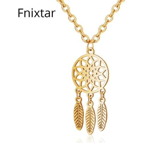 Fnixtar Never Fade Stainless Steel Dreamcatcher Charms Pendants Necklaces for Women Gold Color Feather Animal Necklaces 5pcs/lot
