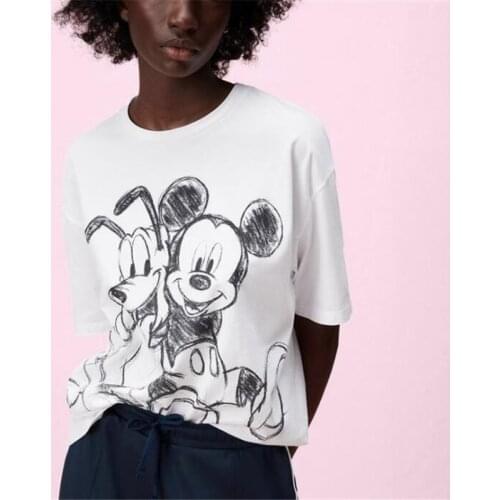 Disney Mickey Mouse Pluto Print T-shirt Summer Casual Tees Women T Shirt White Short Sleeve TopsCartoon Female O-Neck Pullover