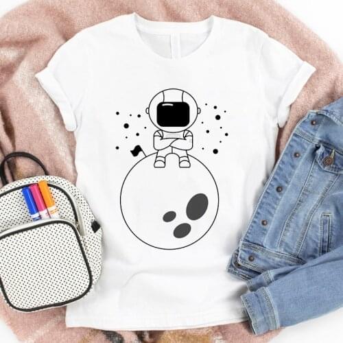 Hot Sale Women T-Shirt Polyester Summer Casual Moon Astronaut Printed Basic O Neck Short Sleeve Female T Shirt Tops Clothing