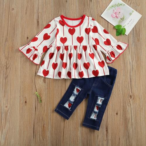 3 Pieces Set Toddler Baby Girls Clothes Love Pattern Long Sleeve Ruffle Sleeve Dress Tops + Long Denim Pants + Headband Set