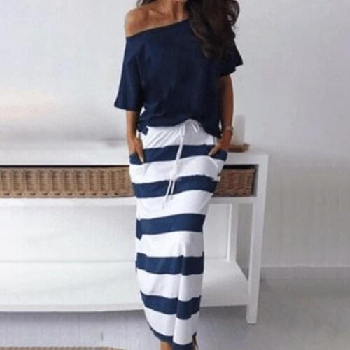 Slant Shoulder Half Sleeve Solid Color Shirt Top Striped Drawstring Skirt Two Piece Set for Date