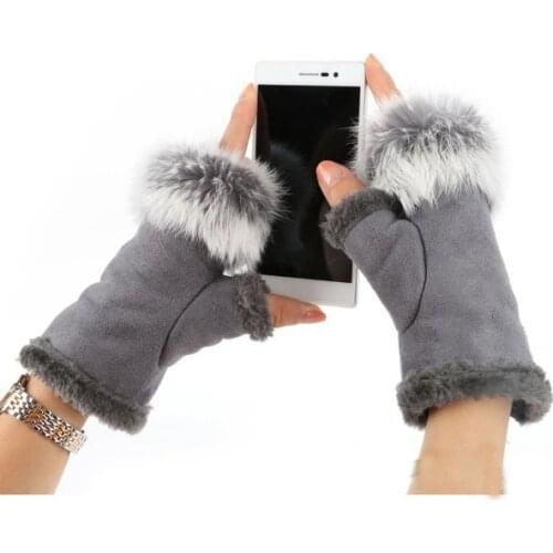 Rabbit Fur Leather Lady Fingerless Mittens Women Winter Warmer Suede Wrist Outdoor Gloves