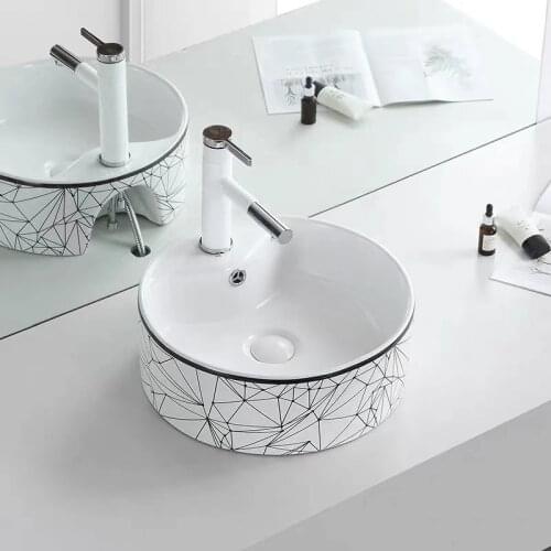 AQJ Best Selling Ceramic Round Shape Ceramic Sink Flower Pattern Lavabo Design Luxury Wash Basin