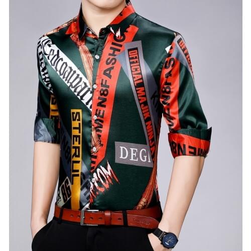 Man Patchwork Colors Silk Clothes Male Autumn Printing Silk Shirts Long Sleeve Satin Silk Dress Free Shipping