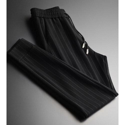 Wool Man Plus Size 4xl Luxury Yarn-dyed Vertical Stripes Spring Slim Men Casual Pants Elastic Waist Mens Trousers