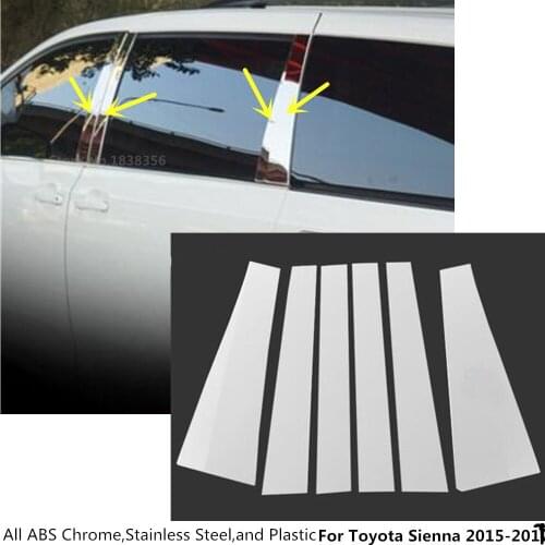 Car Body Cover Stick Stainless Steel Glass Window Garnish Pillar Middle Column Trim Hoods For Toyota Sienna 2015 2016 2017 6pcs