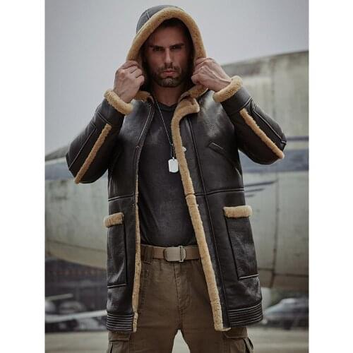 2019 New Mens Shearling Jacket Sheepskin Coat Hooded Leather Jacket Fur Coat Mens Winter Coats Long Fur Jacket
