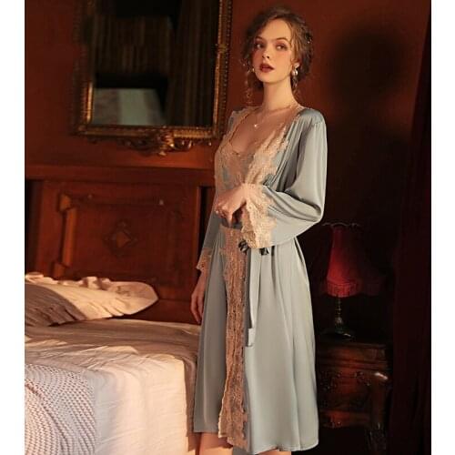 New Lace and Satin Nightdress Sexy Open-breasted Nightgown Water-soluble Flower Embroidered Nightgown Womens Erotic Lingerie