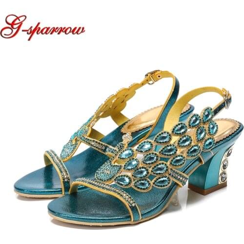 New Sandals female summer rhinestone shoes Open Toe diamonds stylish thick heel womens shoes Turquoise Blue Party Sandals