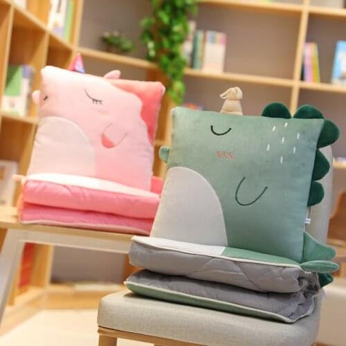 Lovely Plush Office Nap Sleeping 2 In 1 Blanket with Cushion Air Conditioning Quilt Stuffed Cartoon Dinosaur Animal Pillow New