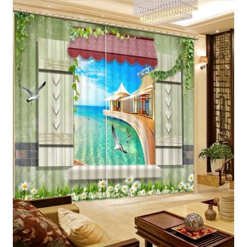 Custom modern 3d curtains Seagull with blue sky and sea view window curtains for living room luxurious bamboo door curtains