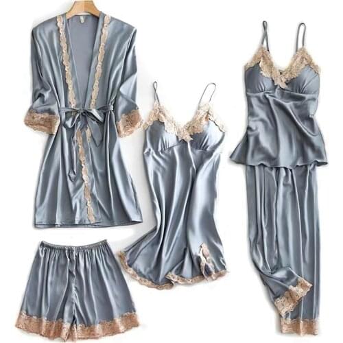 Spring Autumn Pajamas Womens Summer Sexy Nightgown 5-piece Silk Like Robe with Slingr Nightdress with Bra Homewear Sleepwear