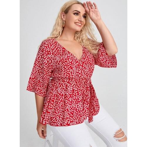 2021 Summer Women V Neck Three Quarter Sleeve Floral Print Casual Blouse Plus Size 4XL Large Size Ladies Tunic Tops