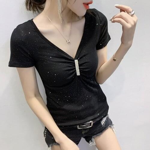 2021summer Casual T-shirt Fashion Solid color V-neck Short sleeve Top Women T Shirt Plus Size M-3XL