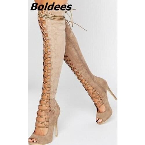 Fashion Suede Black Taupe Lace-up Strappy Over The Knee Woman Peep Toe Cut-out Gladiator Sandals Boots High Heel Shoes
