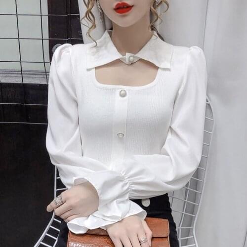 Retro Button Chiffon Flare Sleeve Patchwork Sweaters 2021 Women Long Sleeve Hollow Out Turn Down Collar Knitted Pullover Tops