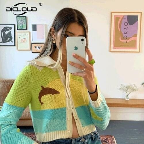 90s Vintage Girls Women Cartoon Cardigan Street Fashion Knitted Sweater Chic Ladies Single Breasted Short Loose Cardigans Femme