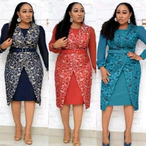 Hgte XL-5XL Plus Size African Dress For Women Spring Autumn Sexy African V-neck Print Polyester Big Size Knee-length Dress Sets