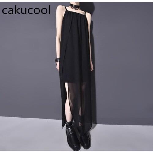 Cakucool New Fashion Black Women Sexy Sling Chiffon Ladies Strapless Sleeveless Spliced Split Long Loose Thin Dress