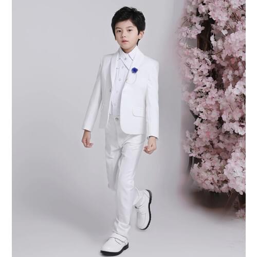 White Flower Boys Formal Suit For Weddings Kids Prom Performance Blazer +Pants 2Pcs Tuxedo Clothing Set Child Gentleman Costume