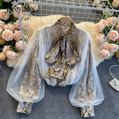 Women Design Mesh Blouse Korean Fashion Bow Collar Lantern Sleeve Tops Autumn Casual Loose Chic Streetwear Blouses
