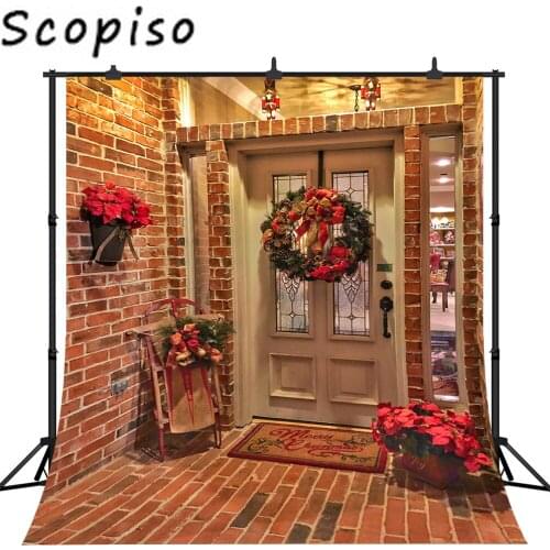 Scopiso Photography Background Christmas Wreath House Door Red Brick Wall Baby Children Photocall Backdrops Photo Studio Props