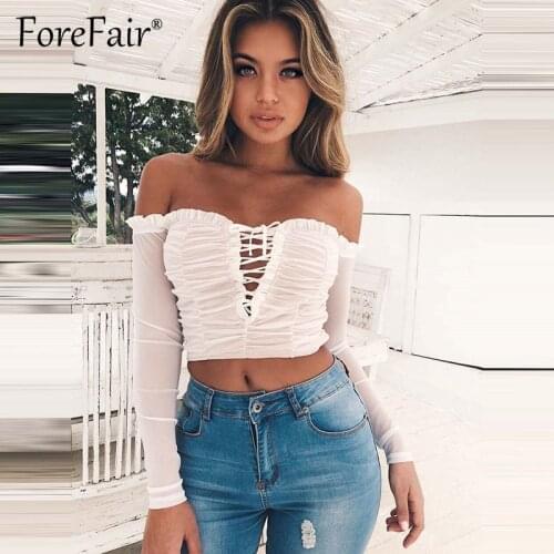 Forefair 2019 New Sexy Mesh Crop Top Women Tees Off Shoulder Long Sleeve Slash Neck Lace-Up Summer Tops Cropped Black White