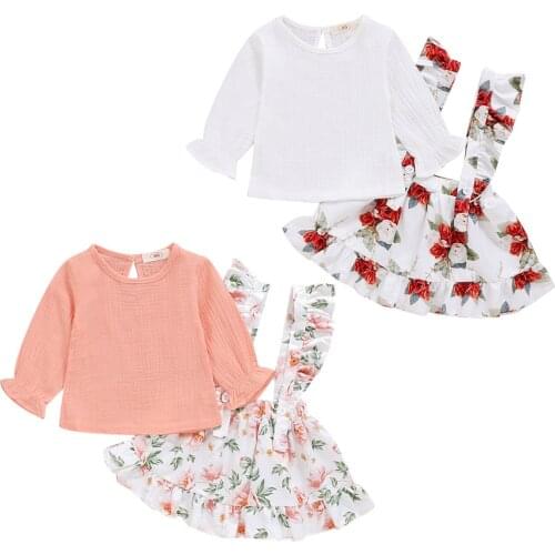 1-6Y Kids Baby Girl Long Sleeve Cotton T-shirt Tops Floral Suspender Skirt 2PCS Princess Girls Clothing Set
