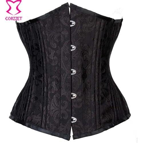 Black Brocade 24 Steel Boned Underbust Corset Sexy Waist Control Korsett For Women Waist Cincher Corpetes E Corselet Espartilhos