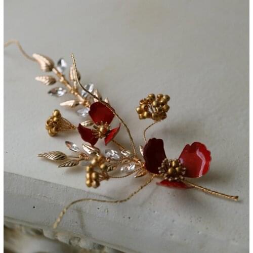 Beautiful red flower bridal hair pin crystal gold leaf headwear wedding hair accessories jewelry