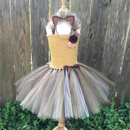 Cute Girls Lion Cartoon Tutu Dress Kids Crochet Tulle Straps Dress with Flowers and Hairbow Children Party Costume Cosplay Dress