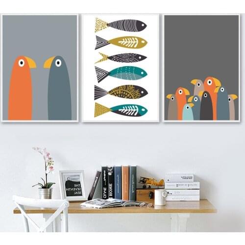Cartoon Colorful Standing Bird Flock Abstract Line Fish Canvas Painting Cute Wall Art Pictures Baby Kids Room Home Decoration