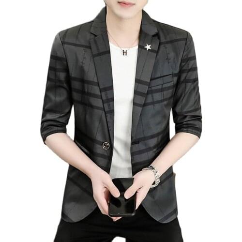 Male Suit,Blazer,Dress Suit Jacket,Summer Korean Men, Check, Single Button Door, Pocket Decoration, Slim Sleeve, 3 Colors, M-3XL