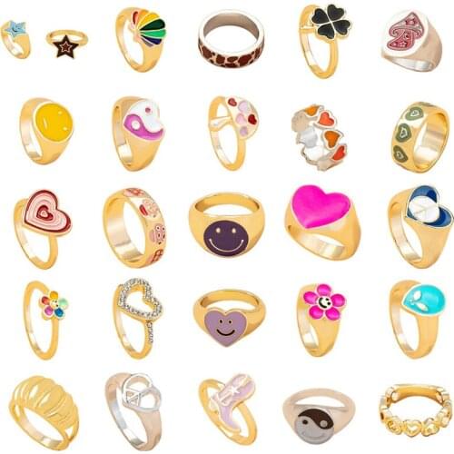 New Fashion Metal Love Heart Shape Rings for Women Female Gifts Trendy Finger Jewelry Punk Mushroom Flowers Ring Party Nightclub