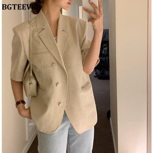 BGTEEVER Elegant Loose Short Sleeve Women Blazer Jackets Notched Collar Double Breasted Casual Ladies Suit Jacket 2021 Summer