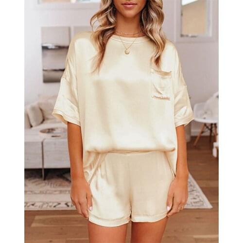 TNNAOFF Sexy Solid 2 Piece Set for Pajamas Women Home Short Sleeve O-neck T Shirt Tops Fashion Shorts Lounge Wear Matching Sets