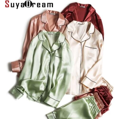 SuyaDream Women Silk Pajamas Solid 100%Real Silk Long sleeves Sleepset Set 2020 Turn Down Collar Print Two-piece Nightwear