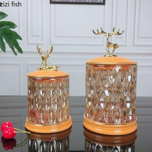 Crystal Glass Storage Jar with Deer Cover Food Candy Jar Sealed Jar Two-piece Storage Ornaments Desktop Vase Flower Arrangement