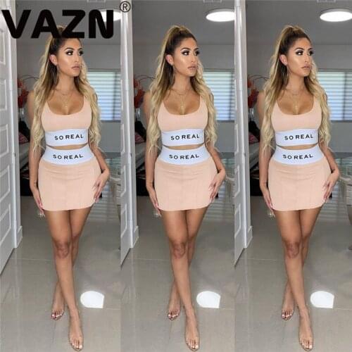 VAZN 2020 Pink Color Women Biker Set Ladies Tracksuit Female Summer Matching Sets Skinny Leggings Female Sleeveless Bar Sets