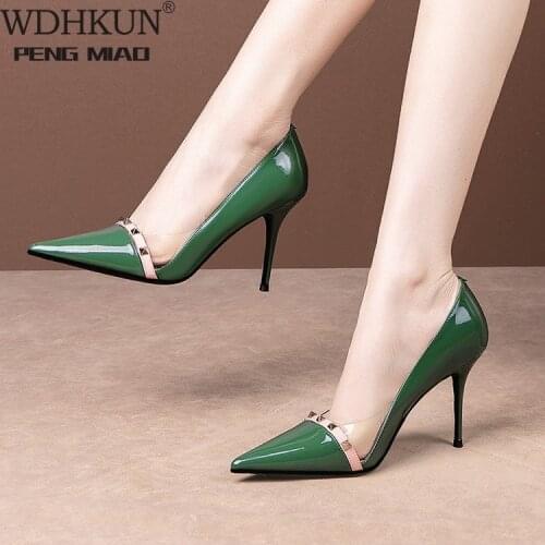 Patent Leather Sexy Heels Shoes Pointed Toe Rivet Super High Heels Green Pumps Women Dress Shoes Stilettos 2020 New Fashion