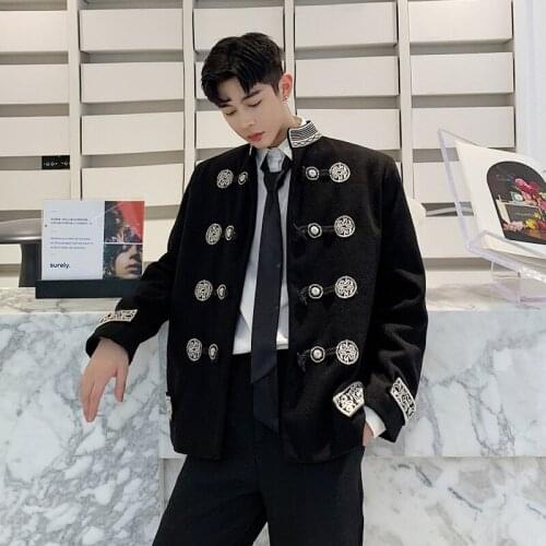 Vintage Chinese Style Mens Stand Collar Blazers Jacket Single Breasted Black Embroidery Coat N22
