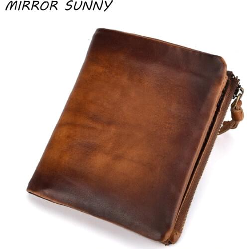 Vintage Cowhide Mens Wallet Retro Male Double Zipper Wallets Genuine Leather Coin Purse Photo Card Holder Bag Short Carteira