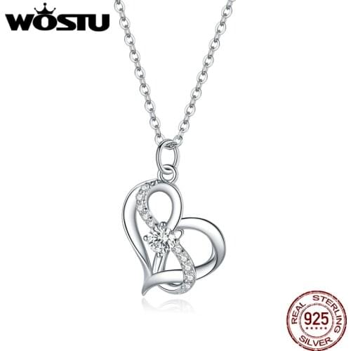 WOSTU 925 Sterling Silver Heart to Heart Necklace Dazzling CZ Long Chain Link Necklace For Women Fashion Jewelry CQN442